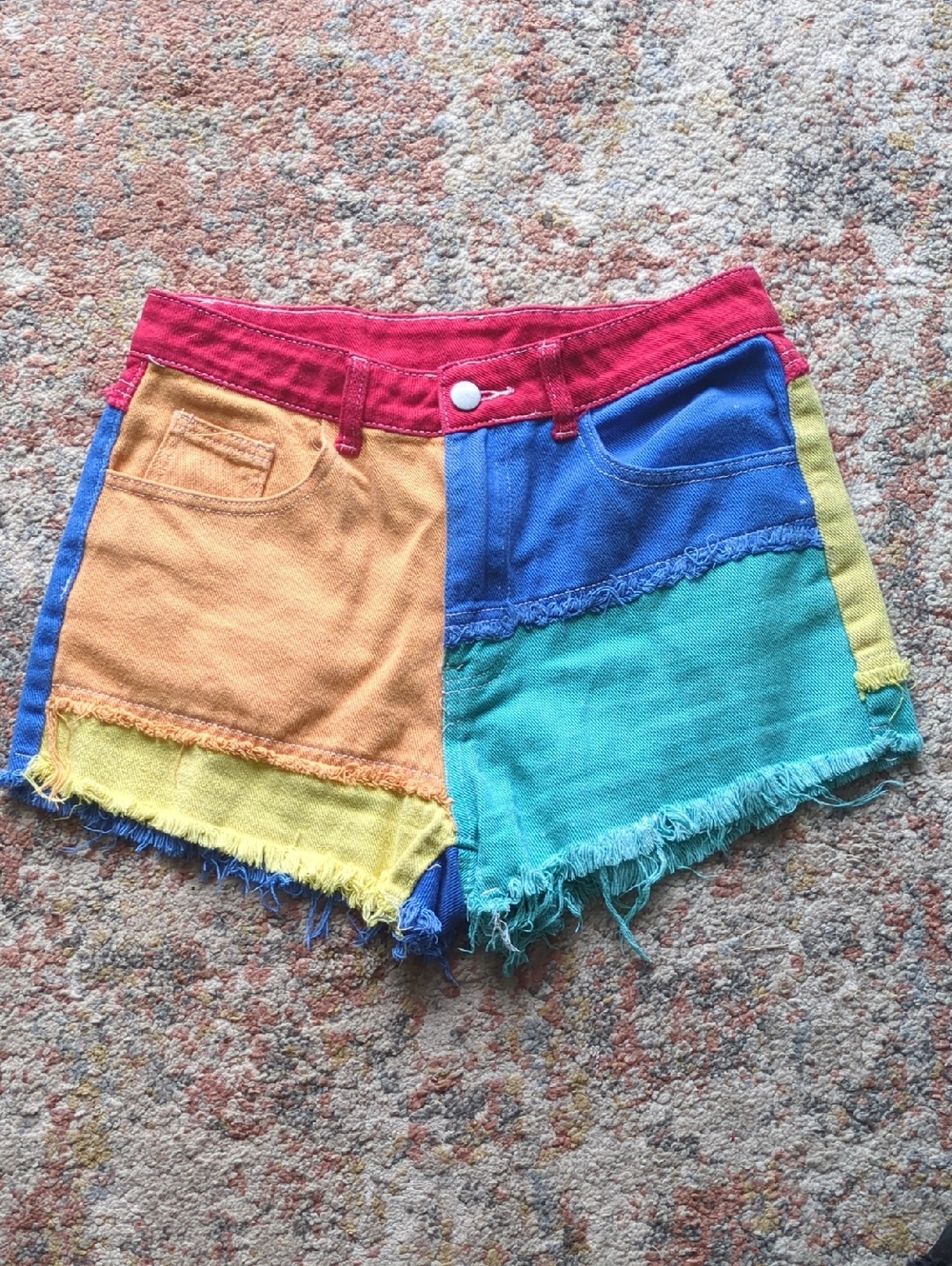 Shein Colorblock Frayed Hem Women's Shorts - Multicolor